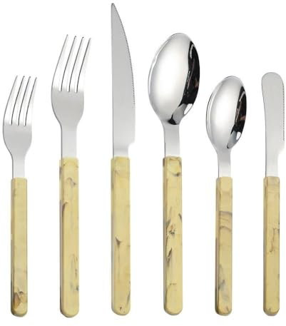 Royal Shang Youpin Retro Chinese Style PP Handle Kitchen Stainless Steel Silverware Tableware Flatware Cutlery Set Steak Knife Fork Spoon Teaspoon (Yellow,6 pieces)