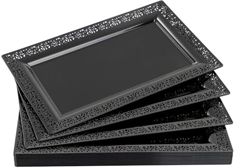 Rubtlamp 12 Pcs Black Plastic Food Serving Trays - 13 X 8 inch Party Serving Trays and Platters - Black Serving Tray - Disposable Serving Party Platters- Black Serving Platter Tray for Halloween,party