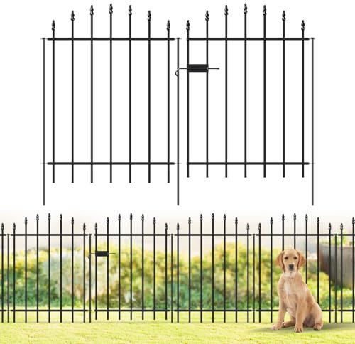 FOREHOGAR Metal Garden Fence with Gate 32 in H x 12 ft L, 1 Gate + 5 Panels Border Dog Fence Panels Animal Barrier, No Dig Garden Fencing for Yard Patio Flower Bed Lawn Outdoor, Arch Black