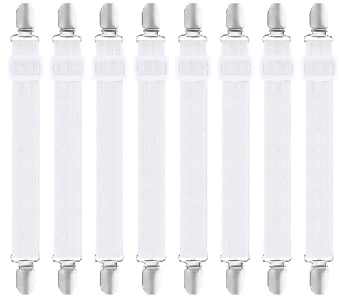 JSMTKJ 8Pcs Tendeurs de Drap Réglables pour Drap de lit Tendeurs élastiques Réglables pour Drap de lit avec Pinces Métalliques Tendeurs pour Draps Matelas Planche à Repasser White