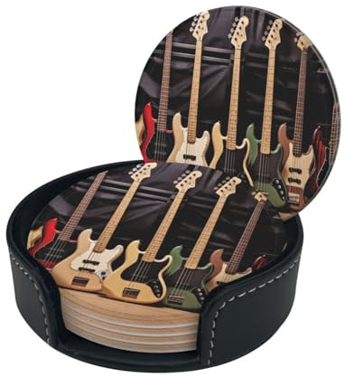 Stilvolle Untersetzer – Gitarre, Bass, Musik, Musikinstrumente, 6er-Set, runde Getränkeuntersetzer aus Leder mit Halter – perfekte Größe für Tassen und Gläser