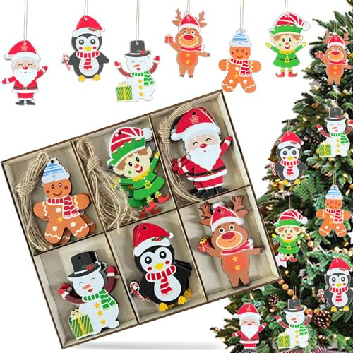 Weihnachtsbaumschmuck Set, 24 Holzanhänger Weihnachten, Bunt Weihnachtsdeko Holz, Boxed Geschenkanhänger Weihnachten, Weihnachtsanhänger mit Seil, Weihnachtsbaum-Schmuck
