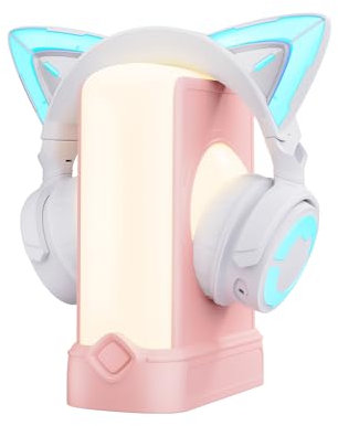 YOWU RGB Black Cat Ear Headphones 4GS and Crystal Headphone Stand Accessories for The Ultimate Experience (White) (Pink)