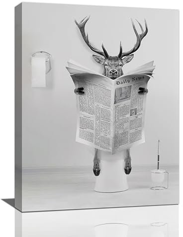 Lustiger Hirsch-Badezimmer-Wandkunst, schwarz-weiße Tierbilder, Wanddekoration, niedlicher Hirsch, Elch, Badezimmer, Leinwanddruck, Gemälde, Kunstwerk, moderne Dekoration für Badezimmer, Toilette,