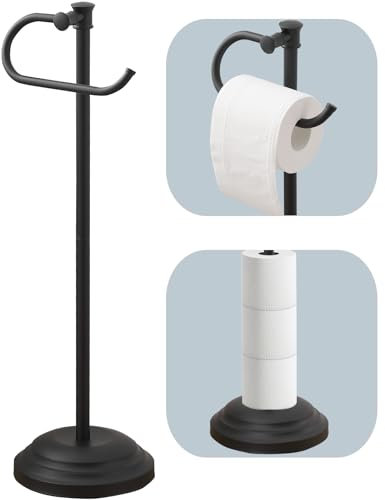 Hoimpro Support de papier toilette sur pied, noir mat, support de papier toilette, support de rouleau de papier toilette avec rangement, en acier inoxydable