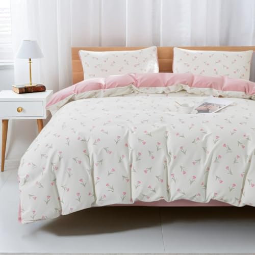 AShanlan Bettwäsche 140x200 Baumwolle Weiß mit Rosa Tulpen Grün Blätter Bettbezug 2teilig Pink Klein Blumenmuster Angenehme Weiss Deckenbezug und 1 Blümchen Kissenbezug 70x90 cm mit Reißverschluss