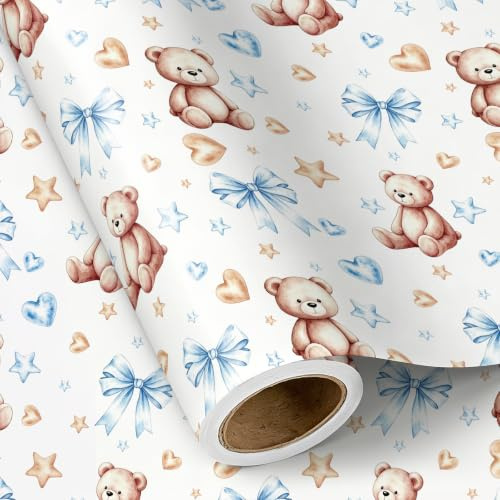 RUSPEPA Geschenkpapierrolle mit Bärenschleife für Jungen, Minirolle, blauer Bär mit Herz, Schleife und Stern, Geschenkpapier für Babypartys, Geburtstage und besondere Anlässe, 43,2 cm x 5 m