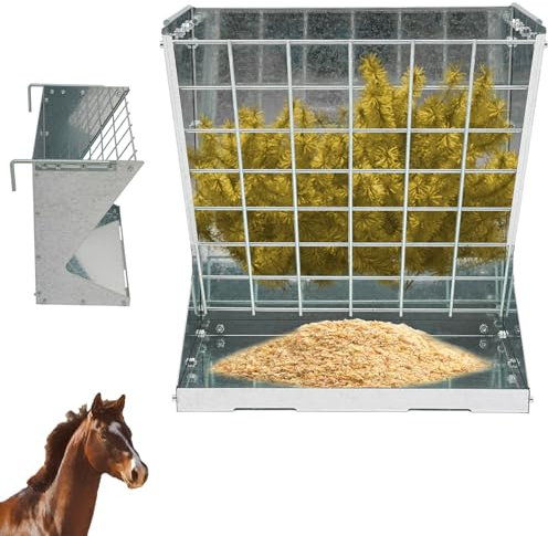 Heuraufe Pferd Futterschüssel Pferd, Futterraufe mit Verstellbaren Haken, Wandraufe Futtertrog für Schafe auf Viehfarmen im Innen- & Außenbereich, bis 30kg (Silber)