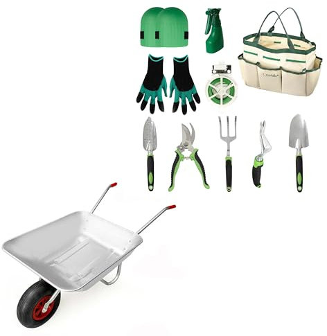 Crystals 65L Heavy Duty Galvanised Steel Wheelbarrow with Pneumatic Tyre & 11-Piece Gardening Tools Set with Tote Bag, Rust-Proof Tools, Gloves, Knee Pads – Garden Gift (Wheelbarrow + Garden Tool Set)