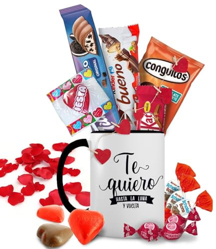 Taza Regalo con de +14 Chocolates - Regalo Original con Chocolatinas Kinder,Milka,Kit-Kat,Conguitos y Chucherías - Te Quiero hasta la Luna - Regalo Romántico