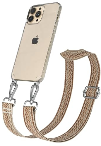 EAZY CASE Handykette - Verstellbares Taschenband kompatibel mit iPhone 13 Pro Max, Schulterriemen, Handykordel mit Silikon Hülle, Umhängetasche, Beige Braun Silber