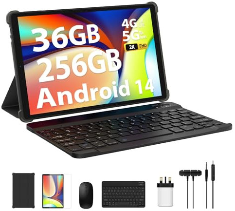FLYCOAY Android 14 Tablet 10.4 Inch, 36GB RAM+256GB ROM (2TB TF) Octa-Core, 4G LTE+5G WiFi, 2000 * 1200 FHD INCELL, 8000mAh,13MP+8MP, Bluetooth 5.0, Tablet with Keyboard, Mouse(Gray)