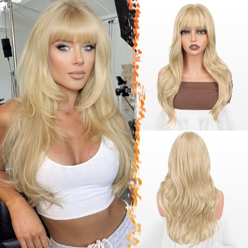 BARSDAR Blond Perücke mit Pony, 50cm Layered Blond Perücke mit Bangs für Frauen Natürliches Aussehen Weiche Gewellte Synthetische Perücken Glattes Haarschnitt Fringe Tägliche Party Halloween