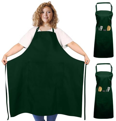 FUKPO 2 Stück Übergröße Kochschürze Damen Herren Grün, Verstellbar Unisex Küchenschürze Grillschürze Männer Mann Frauen, Professionelle Schürze Kochen Grillen Künstler Friseur mit 2 Taschen