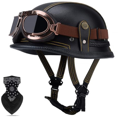 Labzaa Deutsche Leder Motorrad Halbhelme mit ECE, Retro Moped Helm Chopper Halbschalenhelm JetHelm mit Brille Sonnenblende und Schnellverschlussschnallen für Cruiser Chopper Biker Moped K XXXL