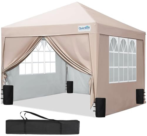 Quictent Pop-Up-Pavillon, wasserdicht, 3 m x 3 m, mit Seitenwänden, Event-Unterschlupf mit Tragetasche & Sandsäcken, verstellbares Überdachungszelt für Geburtstag, Hochzeit, Partys, Picknicks, Beige