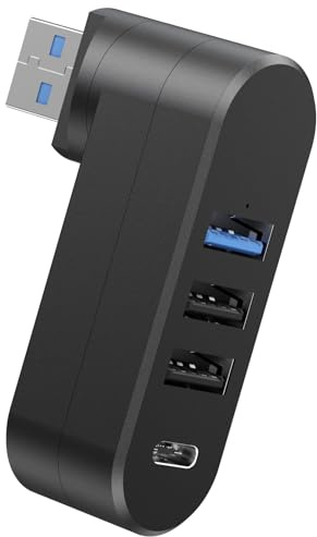 4 Port USB Splitter für Auto, Drehbarer 90°/180° Extender mit 3 USB Ports und 1 USB C Power Expansion Hub für Laptop Tastatur Auto und Handy Multiport Adapter Schwarz