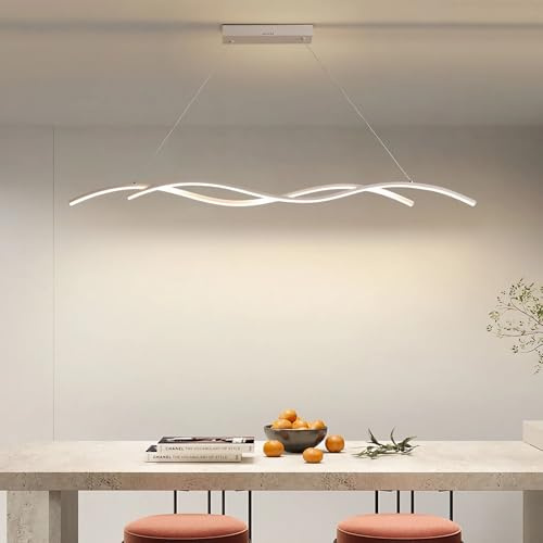 IWANTDO LED Pendelleuchte Esszimmer Lampe Hängend Modern Wellenform Hängeleuchte Esstisch Dimmbar Hängelampe 3000K-6000K Fernbedienung Kronleuchter Höhenverstellbar Leuchte für Büro Bar (Weiß, 120cm)