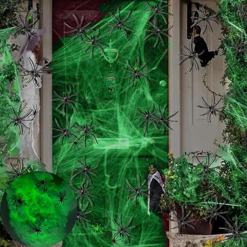 Leuchtendes Spinnennetz,60g + 30 Spinnen,Halloween Deko für Haus & Garten | Dehnbare Baumwolle, fluoreszierend im Dunkeln, kratzfrei, vielseitig für Party, Haus, Garten, Schule, Gruselhaus