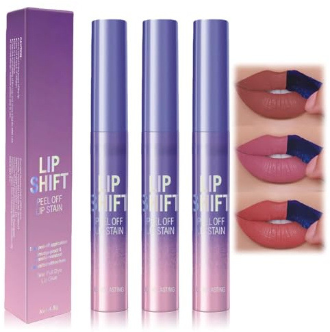 3Pcs Lip Stain Peel Off Set with Lip Liner Tattoo - Long Lasting, Waterproof, Transferproof Pout Stain for Women, Matte Finish Peel Off