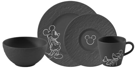 Villeroy & Boch Manufacture Rock – Mickey Mouse – Frühstücks-Set, 4-teilig, schwarz, spülmaschinenfest & mikrowellensicher, Schieferoptik mit Mickey Mouse Kreidedekor, Premium Porzellan