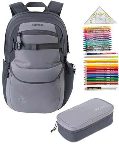 NITRO Schulrucksack 3 Teile Set Future Hero Graphite 1996 rmv | Jungen Mädchen Schultasche Schulmappe Schulrucksackset mit 31tlg. Stifte Füllung