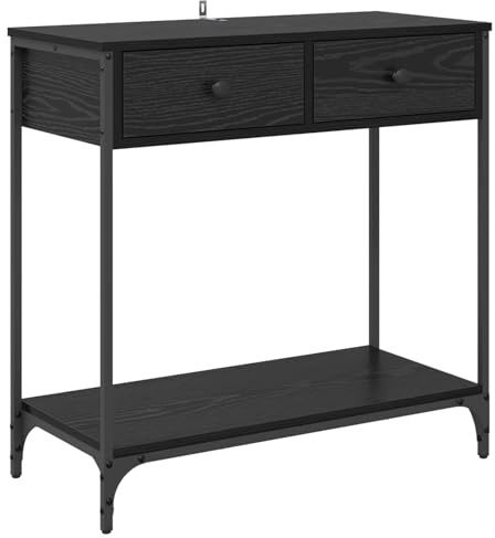 HFXHIJXQ Table Console Entrée Chêne Noir75x34,5x75 cm - Meuble d'Appoint Industriel en Bois d'Ingénierie et Métal - Petit Buffet de Salon Rectangulaire avec Tiroir et Étagère