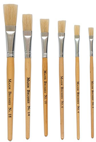 Pack 6 Hog Bristle Short Handle Brush - Flat Tip - Sizes 4,6,8,10,14,18