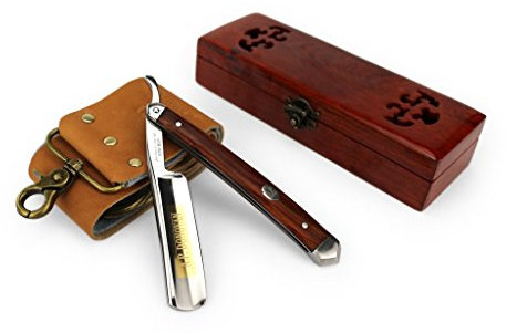 A.P. Donovan - Exzellentes 7/8 Rasiermesser mit Griff aus Mahagoni-Holz - inkl. Holzschatulle und Leder-Streichriemen zum Schärfen + abledern - Razor