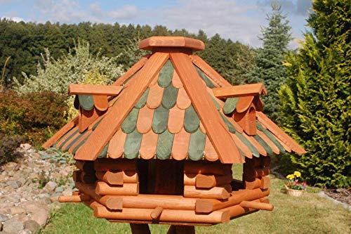 Deko-Shop-Hannusch Futterhaus/Vogelhaus mit Holzschindeln und Gauben Verschiedene Dachfarben und Solarbeleuchtung wählbar, V13, Farbe:V13 braun-grün mit Solar