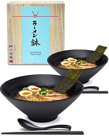 APEX S.K. 2 Sets (6 Piece) 57 Ounce Large Japanese Ramen Noodle Soup Bowl Melamine Hard Plastic Dishware Ramen Bowls Set with Matching Spoon and Chopsticks for Udon Soba Pho Asian Noodles
