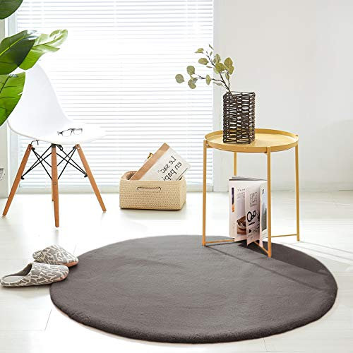 Teppich Wölkchen Fell Rund, Fellteppich Rund, Kunstfell Teppich Waschbar, Hasenfell, Kaninchenfell - Flauschiger Teppich Wohnzimmer, Bettvorleger Schlafzimmer - Dunkelgrau - Rund 120cm
