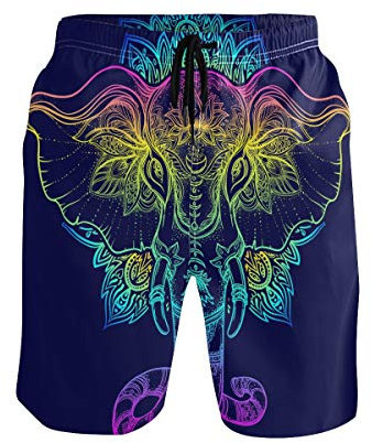 BKEOY Herren Strand-Shorts bunt ethnisch Elefant Mandala Shorts Sommer schnell trocknend Surfbrett Badehose mit Netzfutter Gr. XXL, Multi