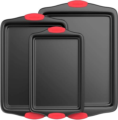 NutriChef Ensemble de Plaques de Cuisson - Plaques à Pâtisserie Antiadhésive - Plateau À Four de Haute Qualité - Ustensiles de Cuisson en Métal - Noir avec Poignées en Silicone Rouges