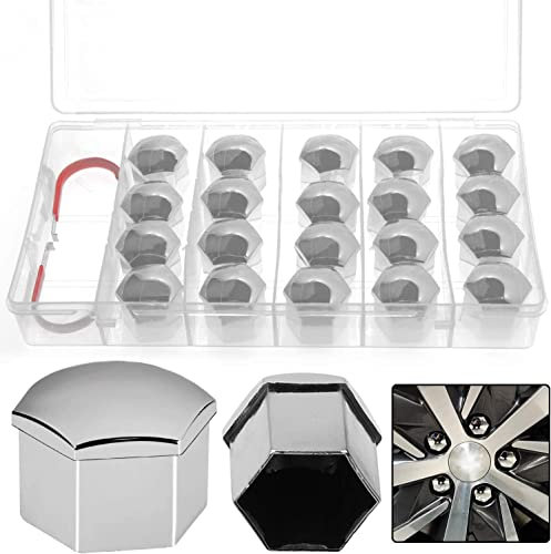 WZYTEU Radschraubenkappen 19mm Universal Reifen Mutter Abdeckungen, mit 20 Stück Radmuttern Kappen, 2 Stück Entfernung Werkzeug und Kleber Box(Silber)