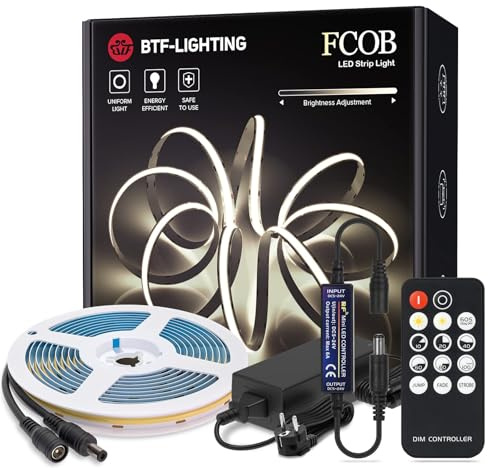 BTF-LIGHTING FCOB COB Kit LED-Streifen Naturweiß 4000K 5M 360LEDs/M | Flexibel Hohe Dichte 8mm Breite mit RF14 Tasten dimmbar Controlle CRI90+ LED Strip für Haus Innen DIY mit AC Stromverorgung