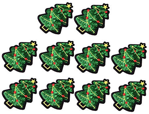 HEALLILY 10pcs Christmas Sew-On Iron-On Patches Glitter Sequins Xmas Tree Socks Wreath Embroidery DIY Sewing Appliques Stickers Xmas Sewing Supplies