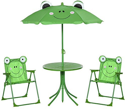 Outsunny Set Tavolo da Giardino con 2 Sedie Pieghevoli, Tavolino con Sedie da Esterno con Ombrellone per Bambini in Metallo e Poliestere, Verde