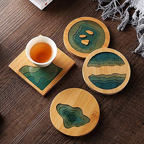 GUANGE Lot De 7 sous-Verres en Bambou De Style Japonais pour Boissons, sous-Verres en Bois Transparent en Résine époxy, sous-Verres en Bois Carrés Et Ronds, sous-Verres pour Thé, Café
