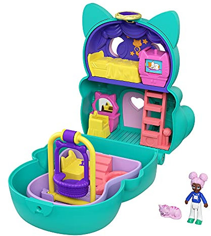 Polly Pocket GTM61 - Drehspaß-Schatulle Katze, zwei Spieloberflächen durch Umklappfunktion, Katzenfigur, Spielzeug ab 4 Jahren