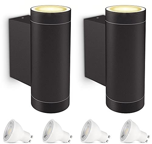 SSC-LUXon 2er Set ESMA Wandleuchte Aussen Up Down mit LED GU10 Lampen 3W warmweiß - Aussenleuchte schwarz IP54 wasserfest rund