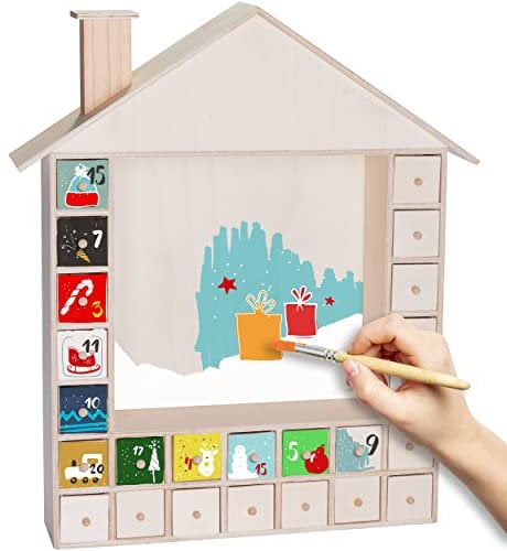 BRUBAKER Adventskalender zum Befüllen mit 24 Schubladen - Wiederverwendbarer DIY Weihnachtskalender zum Bemalen, Basteln und Selbstgestalten - Weihnachtshaus Blanko - 40,3 cm Höhe