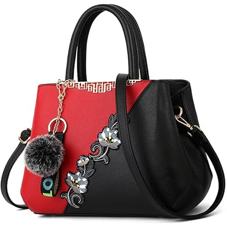 VARLIVOO Donna Borsa Mano Borse a Spalla Fiori Modello Con Tracolla Regolabile Borsa Tote Decorazione con Pompon Scuola College Viaggiare Impermeabile PU Pelle