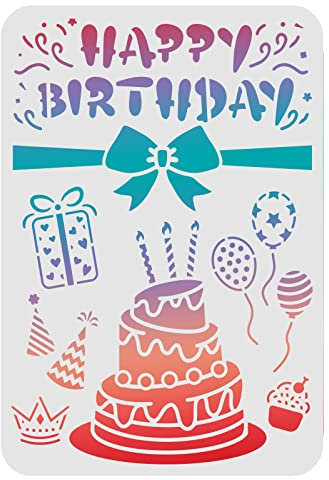 FINGERINSPIRE Happy Birthday Zeichnung Malschablonen Vorlagen 29,7 x 21 cm Kuchenmuster Kunststoff Schablonen Dekoration Rechteckige Wiederverwendbare Schablonen zum Malen auf Holz Boden Wand Stoff