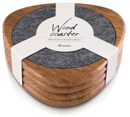 Roonin Mid Century Modern Decor Coasters Set of 4 - MCM Absorbent Wood Felt