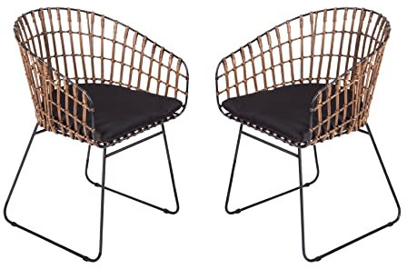 SAM 2er Set Rattanstuhl Lima, Farbe Dunkelbraun, inklusive Sitzkissen, Korbstuhl mit Metallrahmen, Geflechtstuhl/Eisenstuhl im Retro-Design, Esszimmerstuhl mit Armlehnen