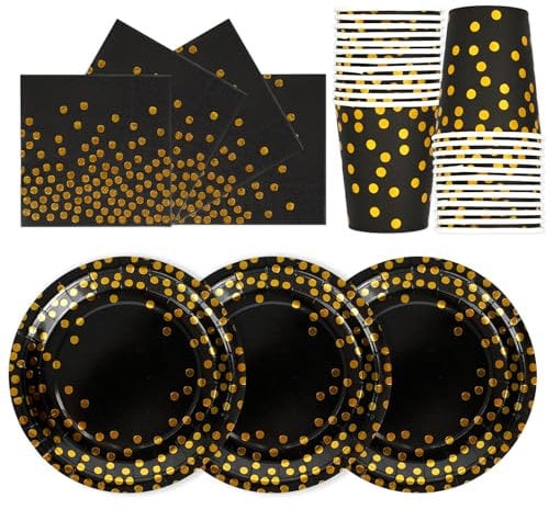 PYAILI Anniversaire Vaisselle de fete 72 Pièces Or Noir Party Assiettes en Papier Set Assiettes de Fête Jetables Papier Tasses Serviettesr, pour Barbecue les Fêtes les Pique-niques -24 Invités
