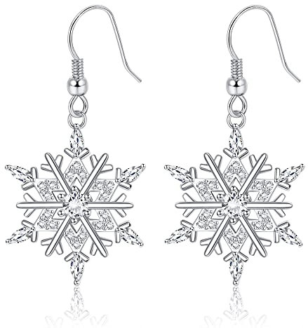 MILACOLATO Neige Flocon Boucles d'Oreilles en Argent 925 pour Femme Filles, Plaqué Or Blanc 18K Noël Flocon Boucles d'Oreilles Pendantes Clou Bijoux Oreilles de Noël, avec Boîte Cadeau pendre