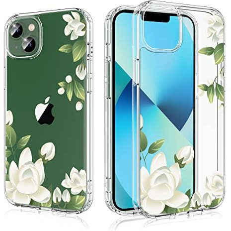 Losvick iPhone 13/14 Case - Floral Flower Transparent Pattern Hard PC + Shockproof Protective TPU Case for Girls and Women - 6.1 Inch (Jasmine)
