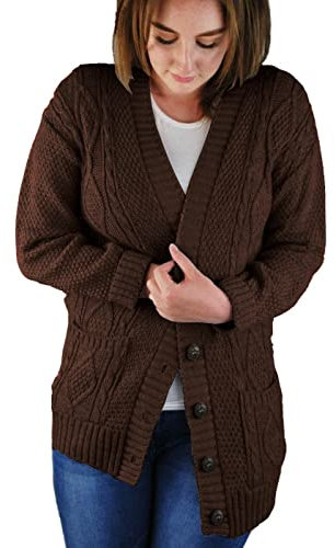 Crazy Fashion Women’s Long Sleeve Grandad Open Front Button Top Chunky Aran Cable Knitted Cardigan Ladies Sweater Winter Jumper Brown 16-18
